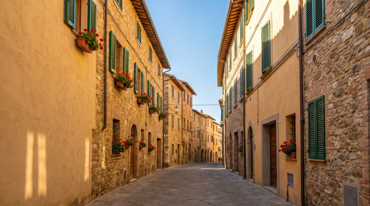 Una stretta strada acciottolata fiancheggiata da edifici in pietra e intonaco color ocra con finestre e fioriere rosse sotto un cielo azzurro.