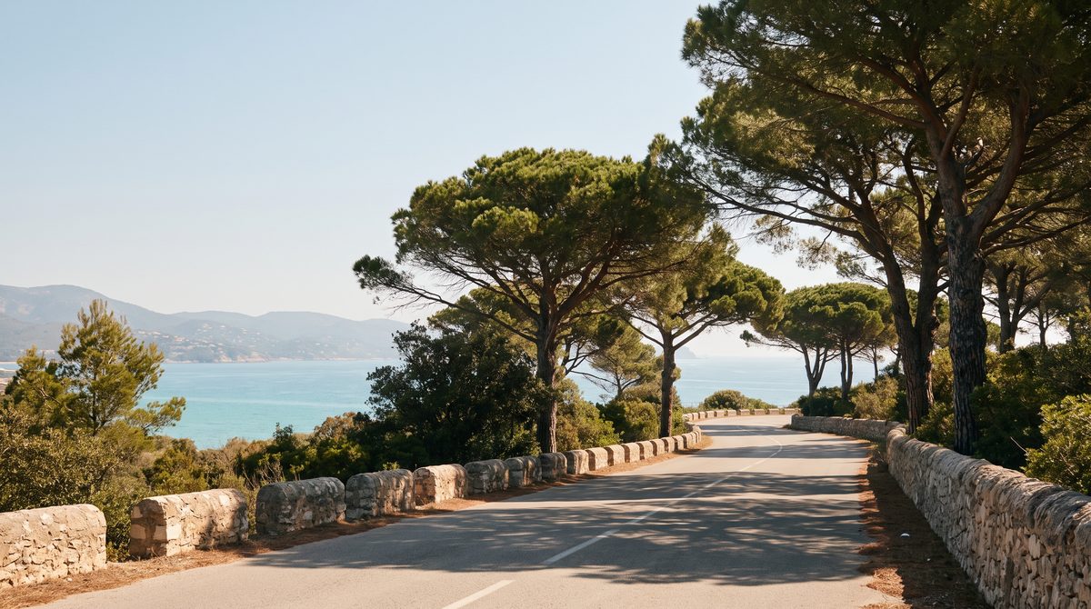 Una strada costiera tortuosa con muretti in pietra, alberi di pino, che si affaccia su un mare azzurro e montagne lontane.