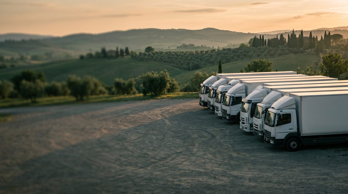 Una fila di furgoni bianchi parcheggiati su un piazzale ghiaioso con dolci colline verdi e uliveti sullo sfondo al tramonto.