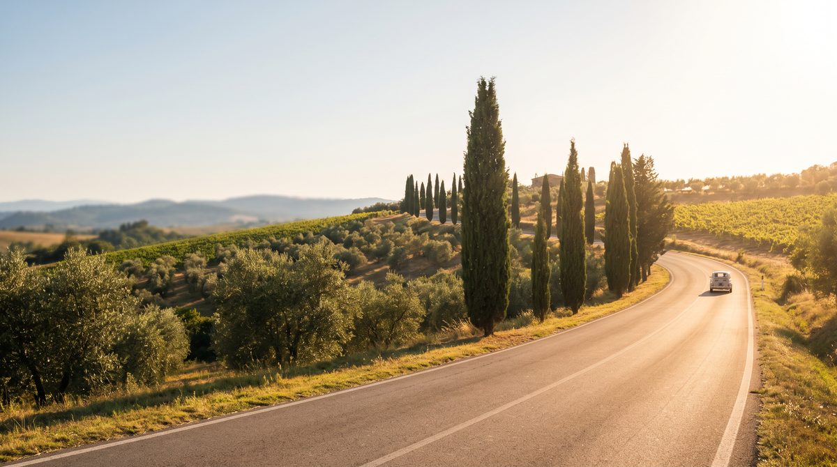 Una strada serpeggiante in Toscana con cipressi, uliveti e un'auto d'epoca al tramonto.