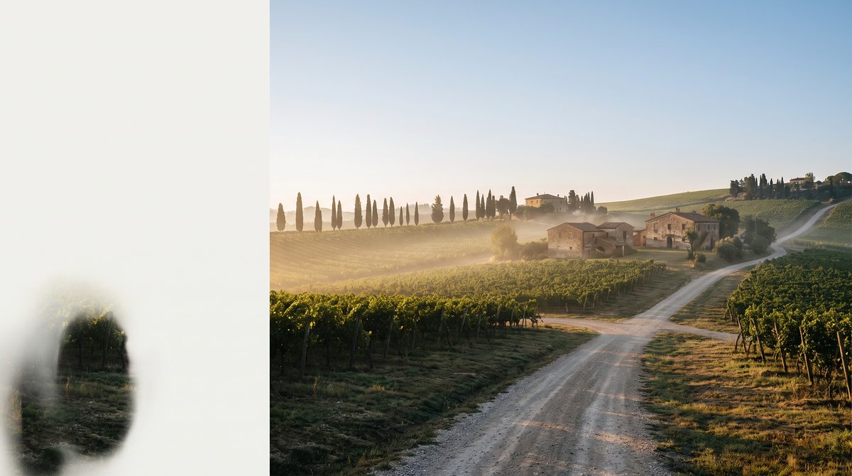Un paesaggio toscano con vigneti, cipressi e casali in pietra immersi nella nebbia mattutina sotto un cielo sereno.