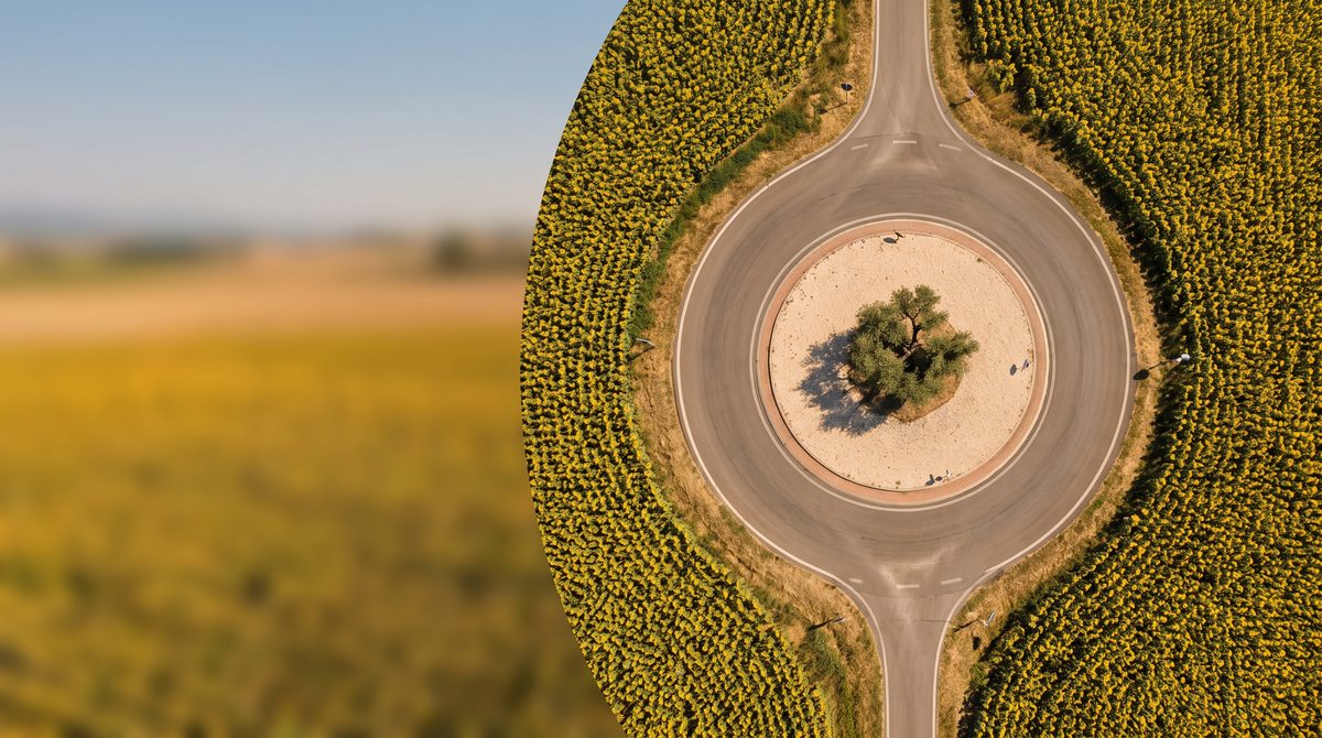 Vista aerea di una rotonda con un ulivo al centro, circondata da un campo di girasoli sotto un cielo sereno.