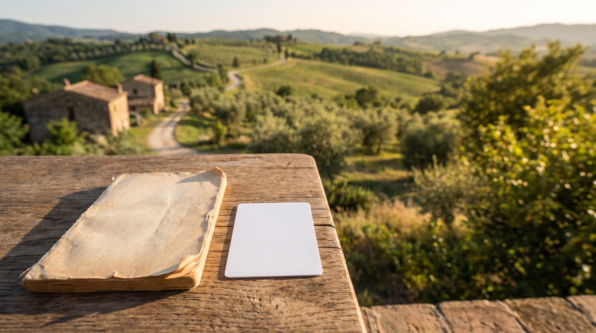 Un vecchio libro e una carta bianca su un tavolo di legno con un paesaggio collinare toscano sfocato sullo sfondo.