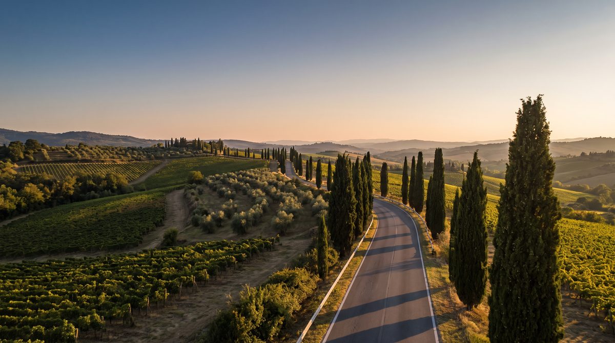 Strada di campagna deserta fra colline italiane al tramonto.