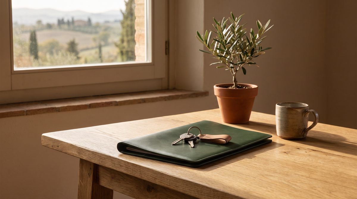 Un tavolo di legno con una cartella verde, chiavi, un ulivo in vaso e una tazza, accanto a una finestra con vista su un paesaggio.
