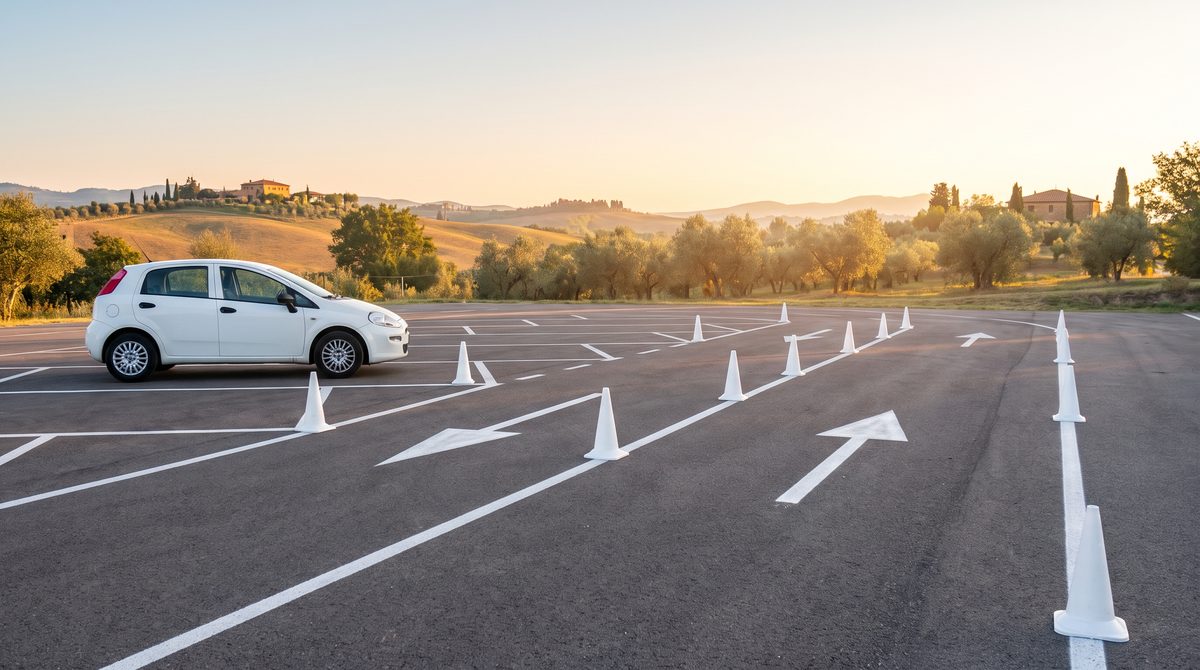 Una piccola auto bianca è parcheggiata su un'area di addestramento con coni e frecce, sullo sfondo colline toscane al tramonto.