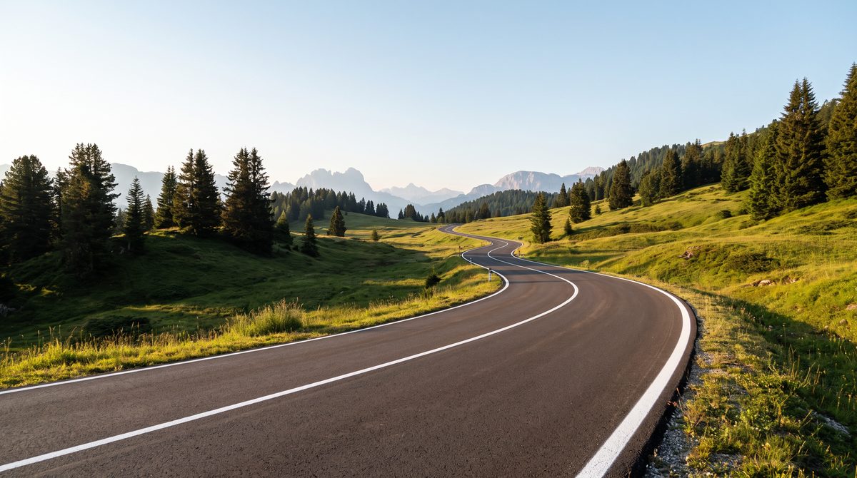 Una strada asfaltata serpeggia attraverso un paesaggio montano verdeggiante con fitti boschi di conifere e cime rocciose all'orizzonte.