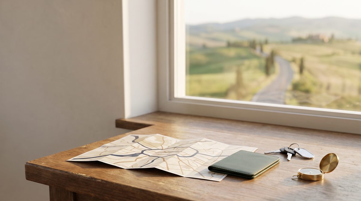 Una mappa, un portafoglio, chiavi e una bussola su un tavolo di legno vicino a una finestra con vista su un paesaggio collinare.